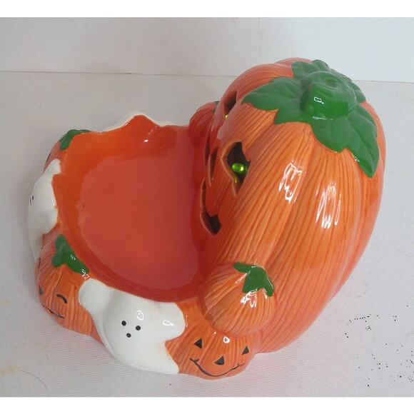 Vintage Russ Halloween Ceramic Pumpkin Ghosts Motion Activated Candy Dish - Picture 6 of 8